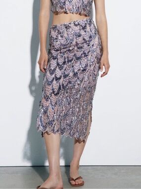 ZARA Limited Edition Embellished Sequin Midi Skirt - Small